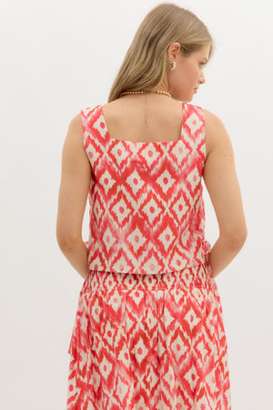 Red Ikat Pattern Midi Skirt SET
