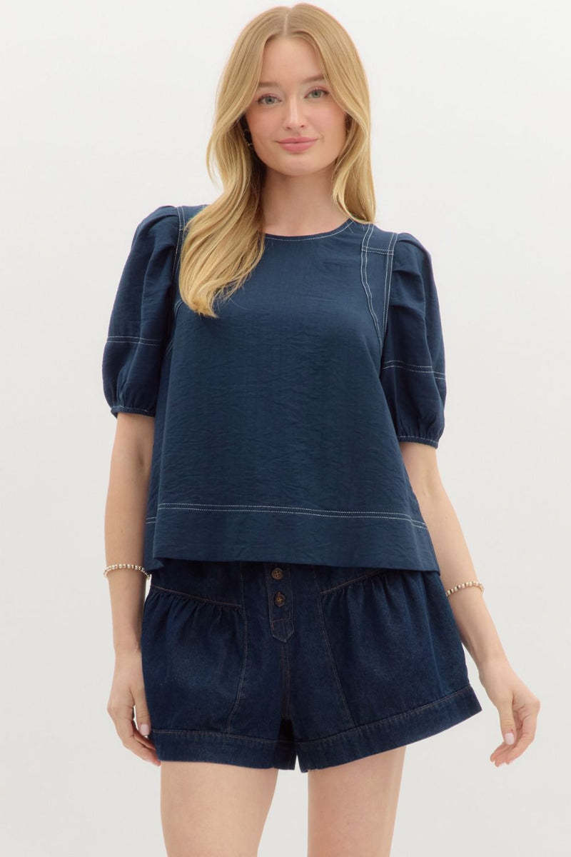 Navy Contrast Stitch Top