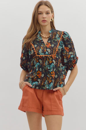 Botanical Print Blouse w/ Scallop Trim