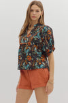 Botanical Print Blouse w/ Scallop Trim