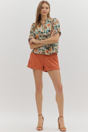 Botanical Print Blouse w/ Scallop Trim