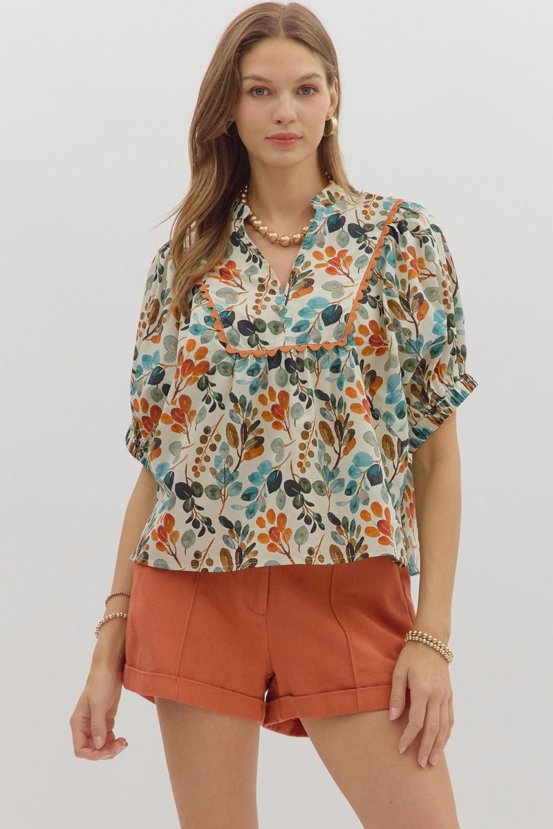 Botanical Print Blouse w/ Scallop Trim