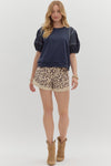 Lantern Sleeve Contrast Stitch Top