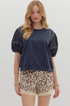 Lantern Sleeve Contrast Stitch Top
