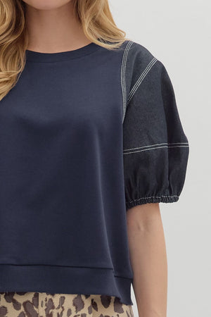 Lantern Sleeve Contrast Stitch Top