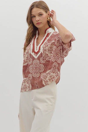 Rust Vneck Trim Detail Blouse