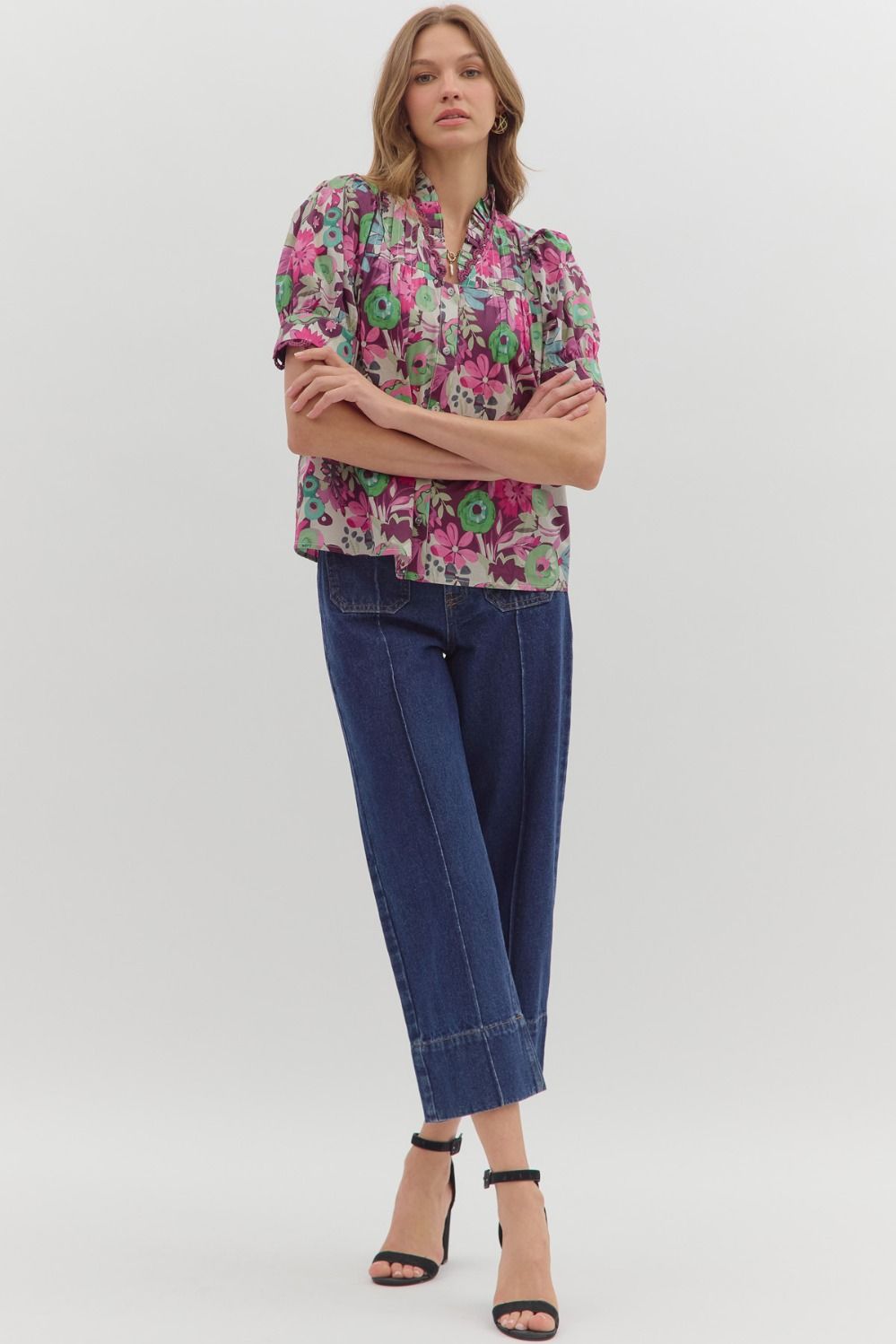 Plum Floral Button Front Blouse