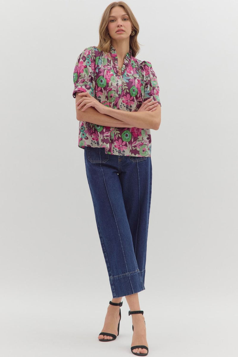 Plum Floral Button Front Blouse