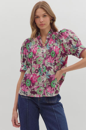 Plum Floral Button Front Blouse