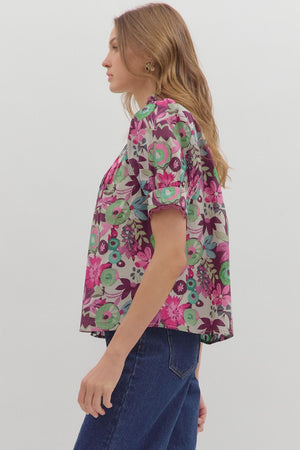 Plum Floral Button Front Blouse