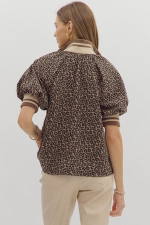 Leopard Mixed Media Half Zip Top