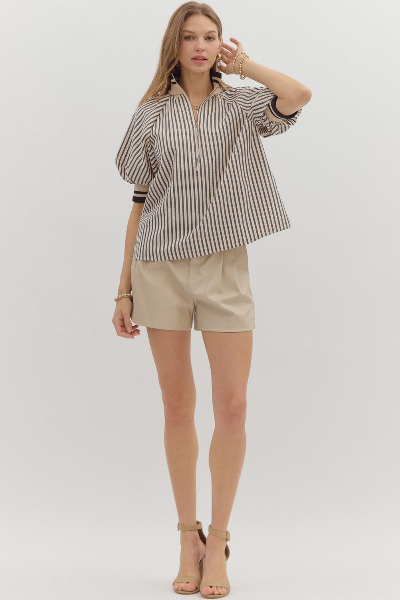 Stripe Half Zip Mixed Media Top