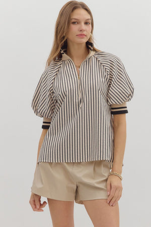 Stripe Half Zip Mixed Media Top