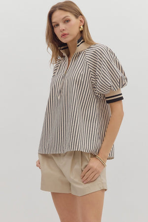 Stripe Half Zip Mixed Media Top
