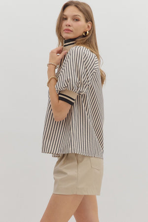 Stripe Half Zip Mixed Media Top