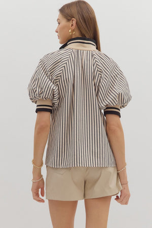 Stripe Half Zip Mixed Media Top