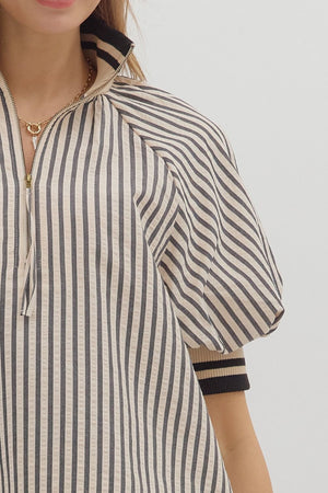 Stripe Half Zip Mixed Media Top