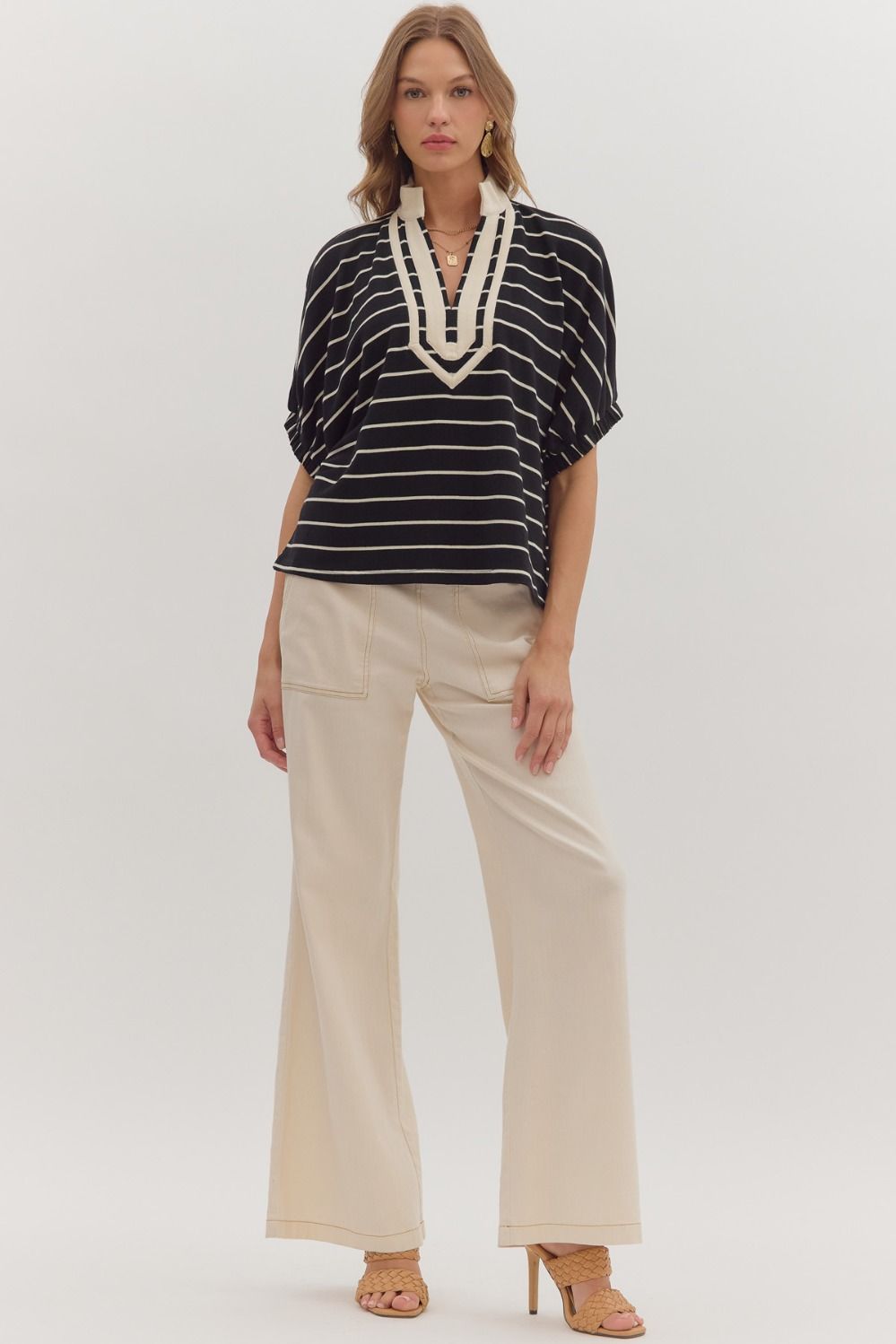 Sara Stripe Contrast Trim Split Vneck