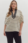 Sara Stripe Contrast Trim Split Vneck