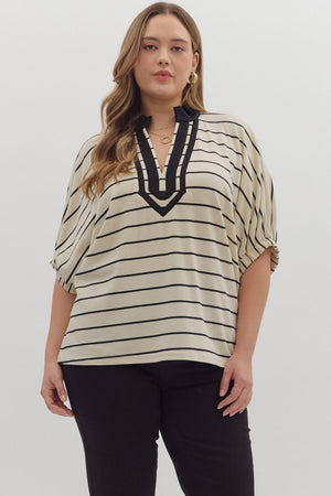 Sara Stripe Contrast Trim Split Vneck