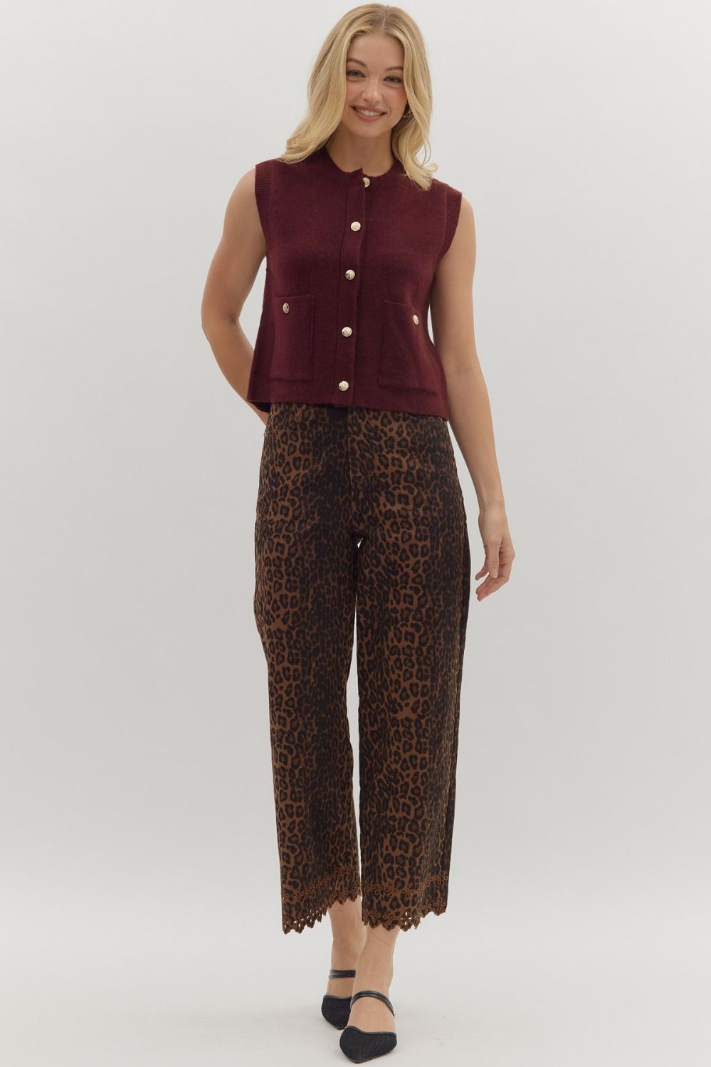 Maroon Button Front Sweater Vest Top