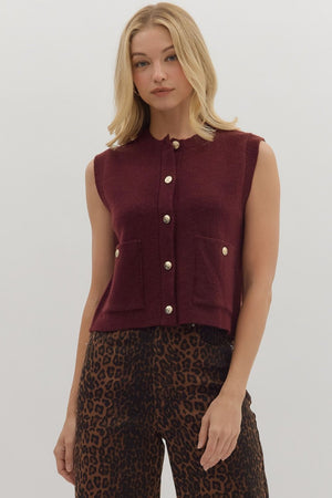 Maroon Button Front Sweater Vest Top