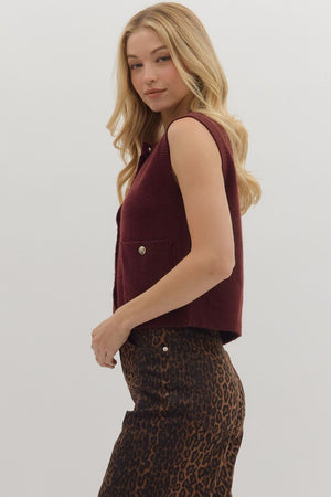 Maroon Button Front Sweater Vest Top