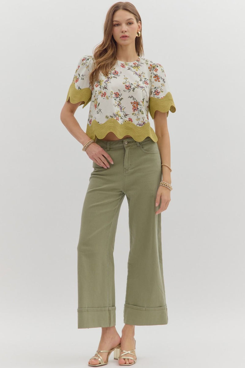 Floral Blouse w/ Scallop Trim Ecru