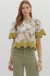 Floral Blouse w/ Scallop Trim Ecru
