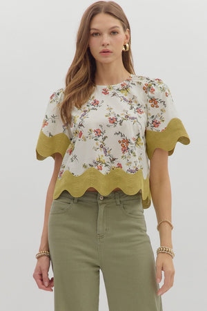 Floral Blouse w/ Scallop Trim Ecru