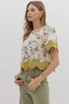 Floral Blouse w/ Scallop Trim Ecru
