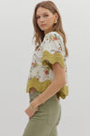 Floral Blouse w/ Scallop Trim Ecru