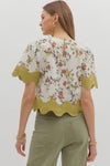Floral Blouse w/ Scallop Trim Ecru