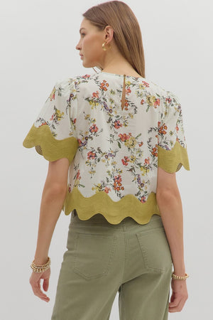 Floral Blouse w/ Scallop Trim Ecru