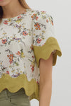 Floral Blouse w/ Scallop Trim Ecru