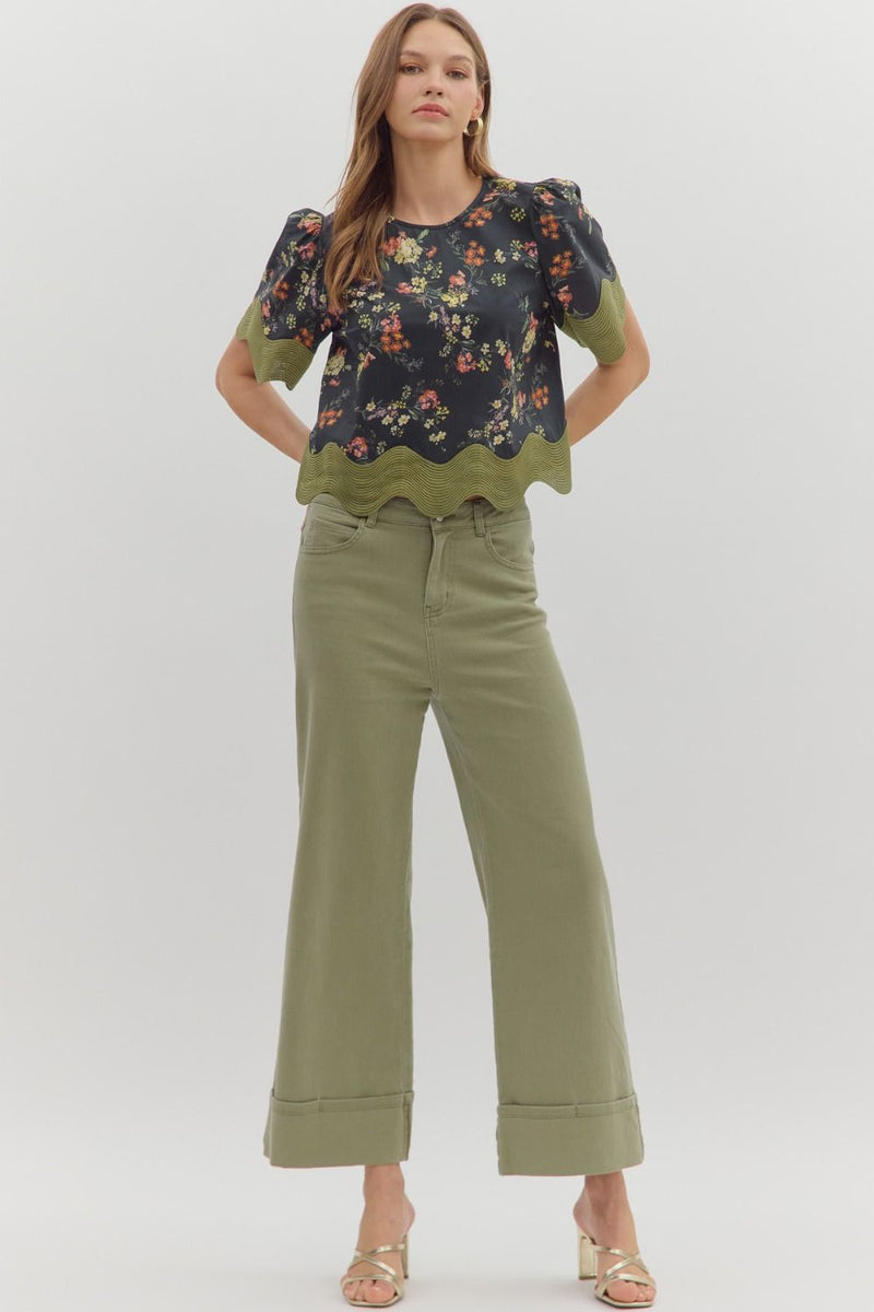 Floral Blouse w/ Scallop Trim Black/Green
