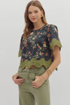 Floral Blouse w/ Scallop Trim Black/Green