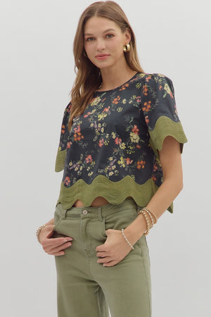 Floral Blouse w/ Scallop Trim Black/Green