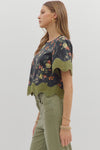 Floral Blouse w/ Scallop Trim Black/Green