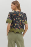 Floral Blouse w/ Scallop Trim Black/Green
