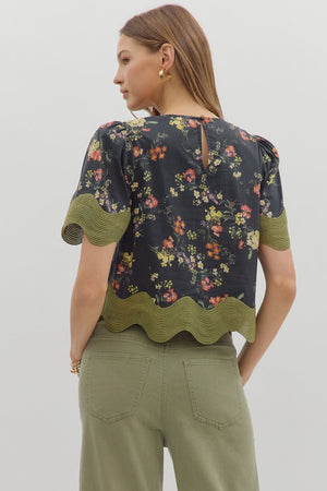 Floral Blouse w/ Scallop Trim Black/Green