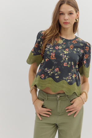 Floral Blouse w/ Scallop Trim Black/Green