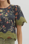 Floral Blouse w/ Scallop Trim Black/Green