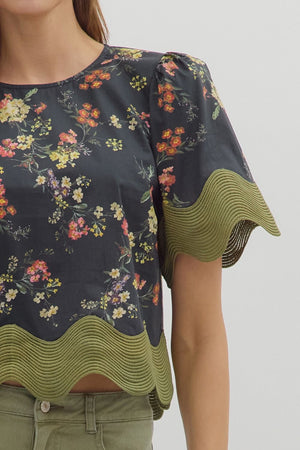 Floral Blouse w/ Scallop Trim Black/Green