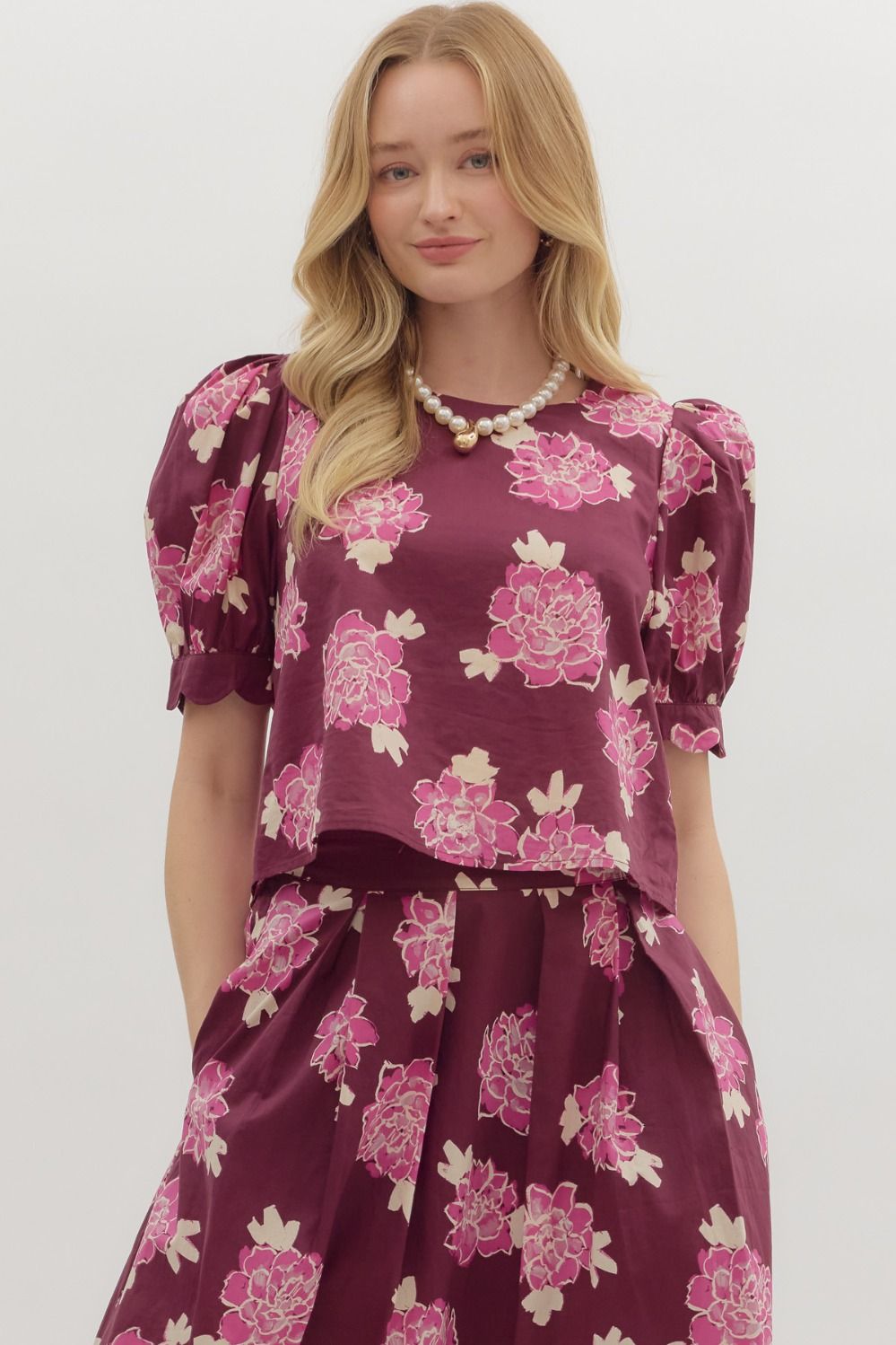 Wine Floral Blouse with Scallop Cuff
