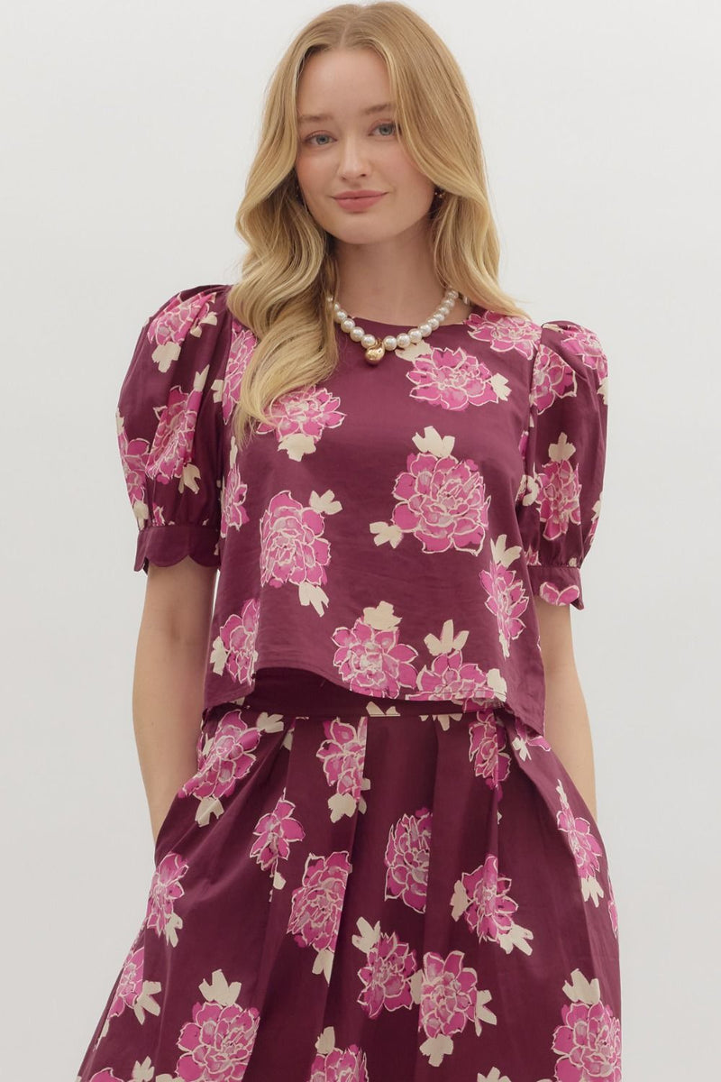 Wine Floral Blouse with Scallop Cuff
