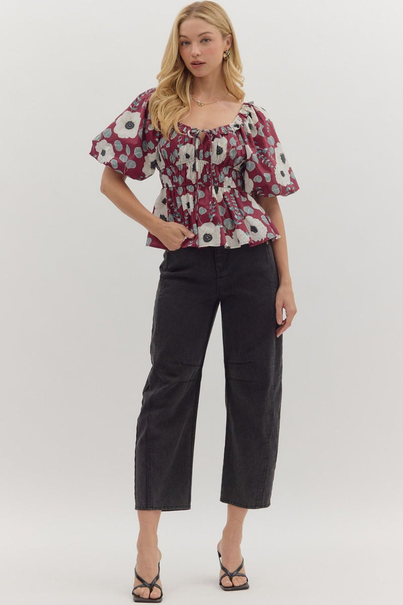 Plum Bubble Sleeve Floral Top w/ Empire Hem