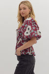 Plum Bubble Sleeve Floral Top w/ Empire Hem