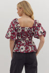 Plum Bubble Sleeve Floral Top w/ Empire Hem