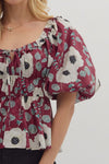 Plum Bubble Sleeve Floral Top w/ Empire Hem
